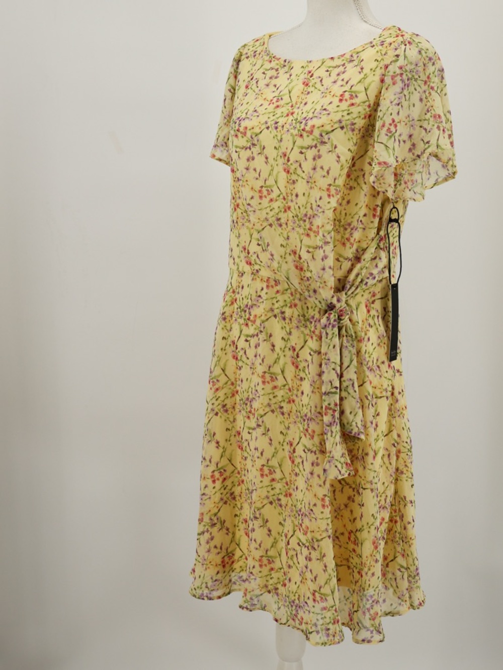 Nicole Miller New York Floral Chiffon Midi Dress Yellow Flutter Sleeve 14 Summer